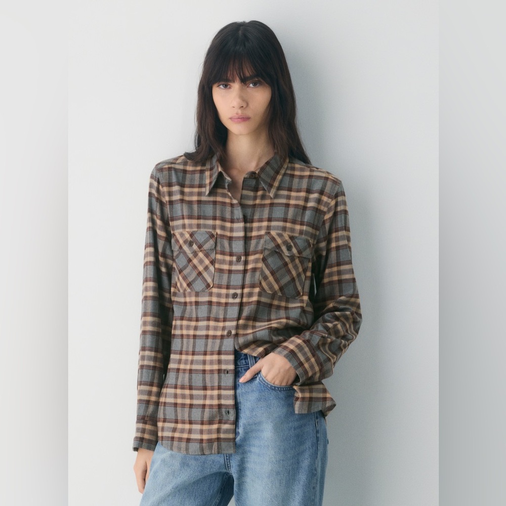 Aritzia Sunday Best Maple Button Down Plaid Flannel Shirt | Grey Brown| Size XS